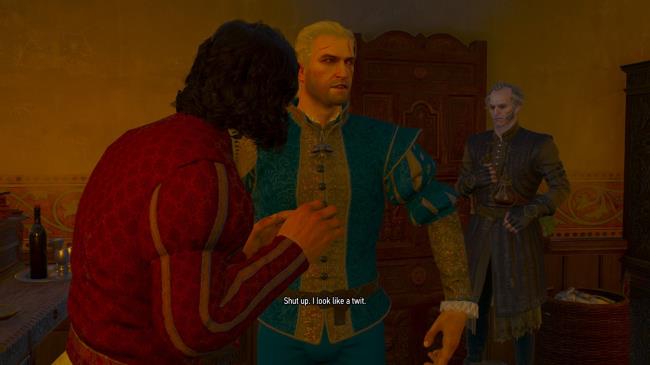 Geralt talks to Regis as he's dressed in expensive clothes by a tailor in Toussaint.