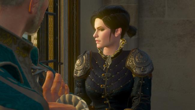 Syanna takes an annoyed breath as Geralt talks to her in her room in the palace.