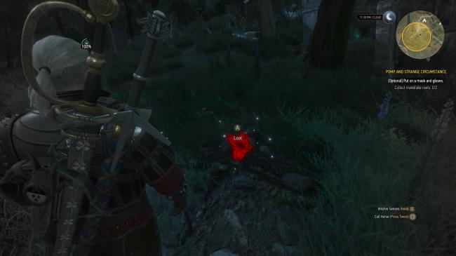 A screenshot of Geralt's Witcher Senses highlighting a mandrake root in red.