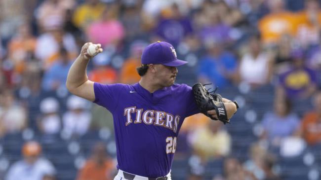 LSU’s Paul Skenes pitches against Tennessee at the NCAA College World Series in Omaha, Nebraska, on Saturday, June 17, 2023. (Rebecca S. Gratz / ASSOCIATED PRESS)