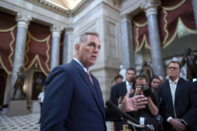 Speaker of the House Kevin McCarthy, R-Calif., talks to reporters at the Capitol in Washington, Monday, July 17, 2023.  (AP Photo/J. Scott Applewhite)