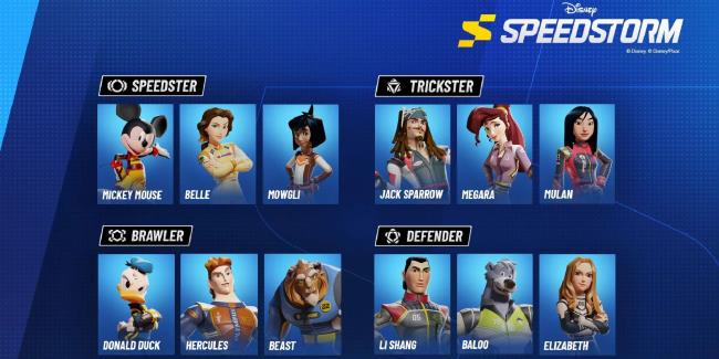 Disney Speedstorm racers in the four classes: Brawlers, Defenders, Speedsters and Tricksters.
