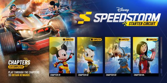 Disney Speedstorm Starter Circuit screen shows first four chapters completed.