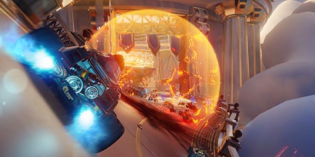 A race kart speeding toward a big burst of the Fire ability.