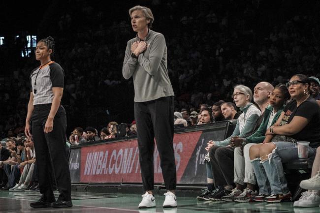 Phoenix Mercury coach Vanessa Nygaard, center, gestures a play during the fourth quarter of a WNBA basketball game against the New York Liberty, Sunday, June 18, 2023, in New York. (AP Photo/Bebeto Matthews)