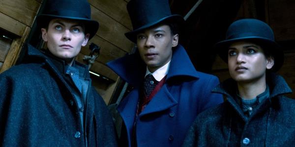 Kaz, Jesper, and Inej wearing coats and hats in Shadow and Bone season 2