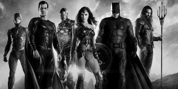 The cast of the DCEU Justice League in black and white.