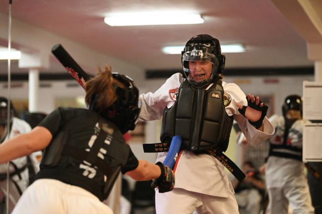 Meredith Gilardoni, 50, who just won an ATA world title in sparring, during her workout at ATA Black Belt & Academy in Santa Rosa, Monday, Aug. 14, 2023. (Erik Castro / For The Press Democrat)