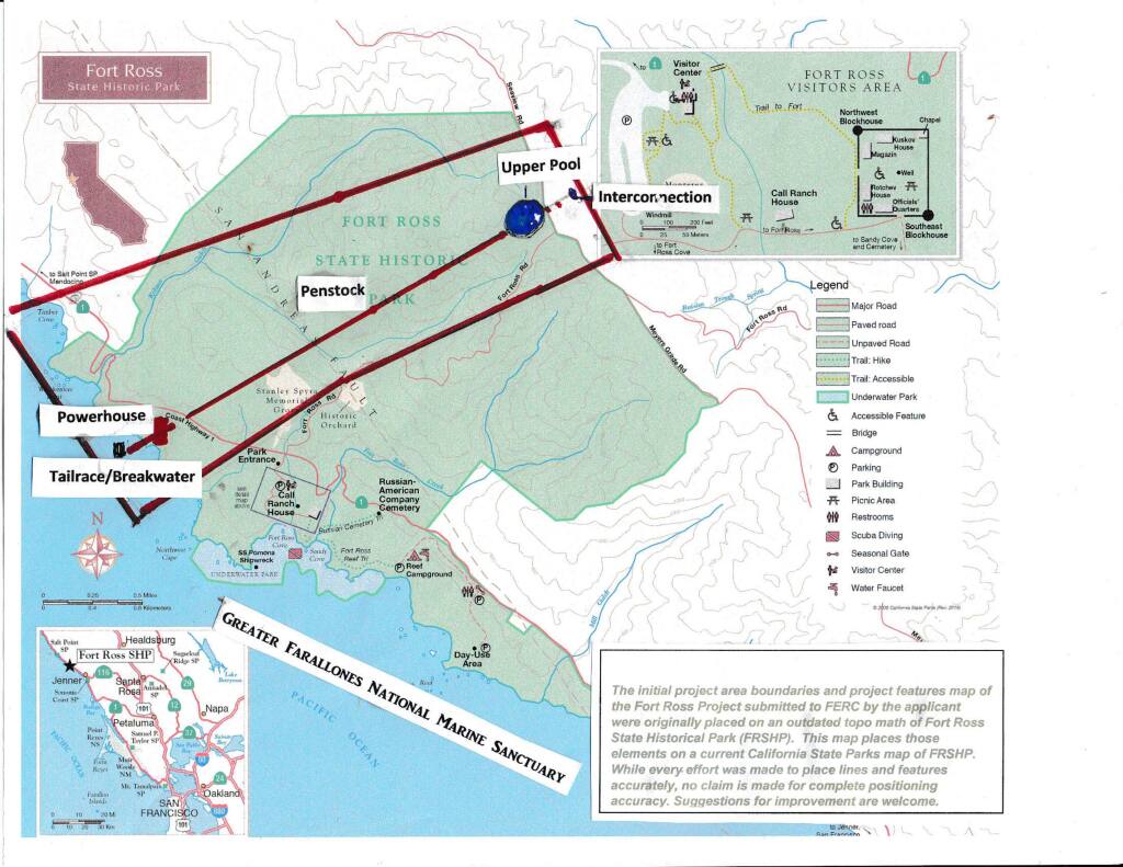 This map shows the approximate location of the proposed pumped storage facility and its proximity to other land and ocean features. (Richard Charter/The Ocean Foundation)