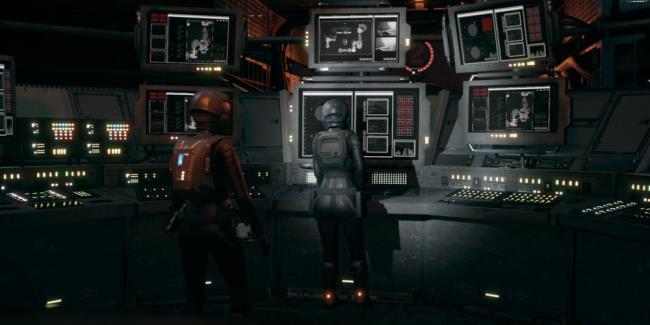 Camina Drummer looks on as Maya Castillo checks the systems of Cassiopeia Station in The Expanse: A Telltale Series