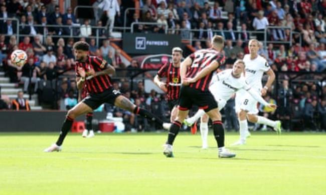 Jarrod Bowen watches his shot fly in for West Ham against Bournemouth.