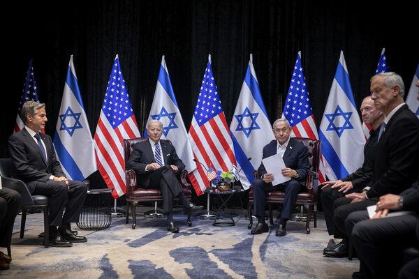 US President Joe Biden, center left, pauses during a meeting with Israeli Prime Minister Benjamin Netanyahu, center right, in Tel Aviv, Israel, Wednesday, Oct. 18, 2023. Picture: Miriam Alster/Pool Photo via AP