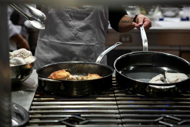 School food service workers train at the Culinary Institute of America as part of Farm to School, an initiative to provide healthier lunches in California schools, in Napa on Aug. 3, 2023. Photo by Semantha Norris, CalMatters