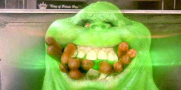 Slimer with hot dogs in its mouth in Ghostbusters