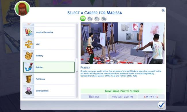 the sims 4 painter career overview career select screen