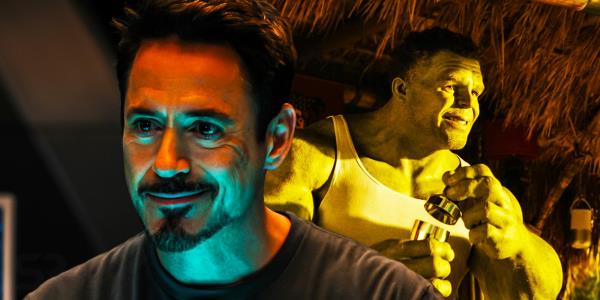 Tony Stark smiling under a blue light in Avengers Age of Ultron and Hulk smiling in She-Hulk: Attorney at Law.