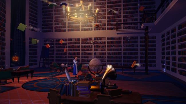 Belle in the library with the flying books in Disney Dreamlight Valley