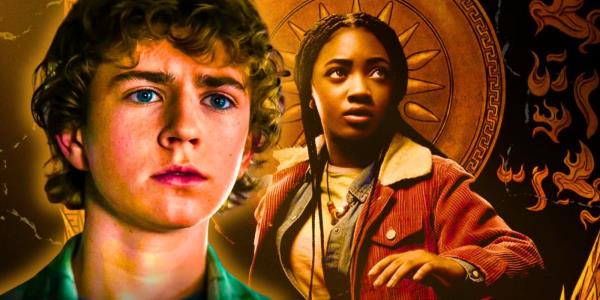 Walker Scobell as Percy Jackson looking nervous and Leah Jeffries as Annabeth Chase looking ready to fight in Percy Jackson and the Olympians