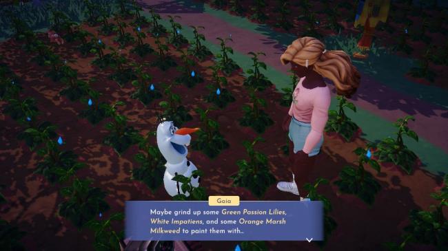 Player character speaking to Olaf who's telling them a list of materials to get in Disney Dreamlight Valley.