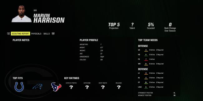Madden 24 Marvin Harrison Jr scouting card