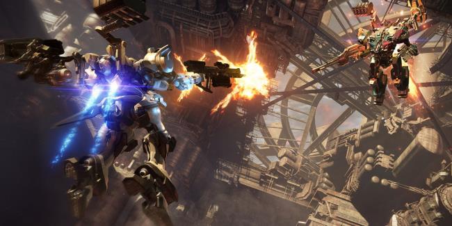 Two mechs fighting in the air in Armored Core 6
