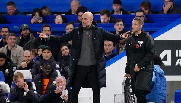 Manchester City manager Pep Guardiola on the touchline during the Premier League match at Stamford Bridge.
