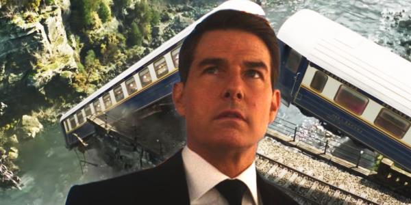 Custom image of Tom Cruise with a train falling off a cliff behind him in Mission: Impossible 7.