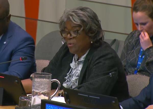 U.S. Ambassador to the U.N. Linda Thomas-Greenfield speaks during a U.N. Security Council meeting on cybersecurity at the U.N. headquarters in New York on April 4, 2024, in this photo captured from U.N. Web TV. (PHOTO NOT FOR SALE) (Yonhap)