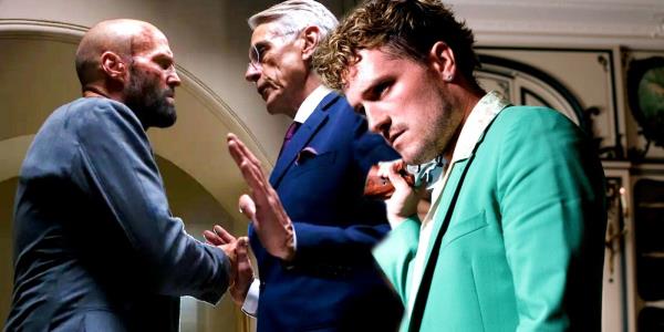 Jason Statham's Adam Clay talks to Jeremy Irons' Wallace while Josh Hutcherson's Derek holds a gun in The Beekeeper