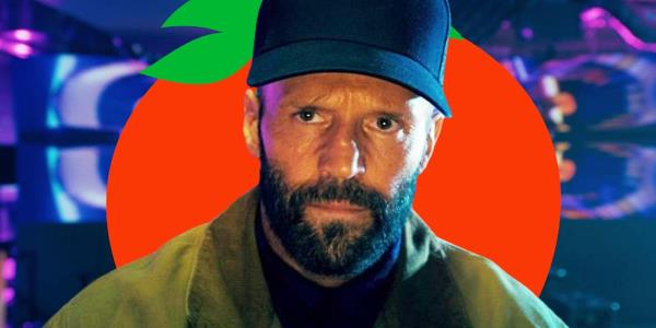 Jason Statham in The Beekeeper with a Rotten Tomatoes logo behind his head