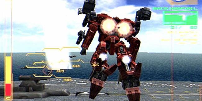 Armored Core 2 mech flying over battleship