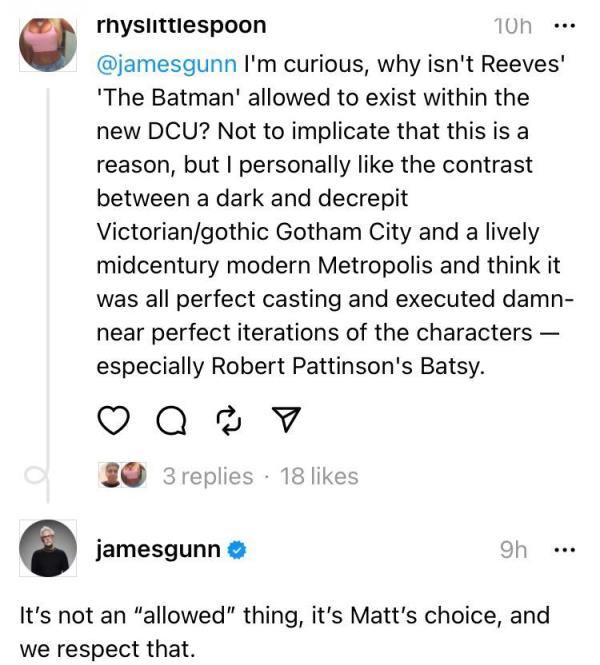 James Gunn reveals on Threads that Matt Reeves is the one behind The Batman not being part of the new DCU