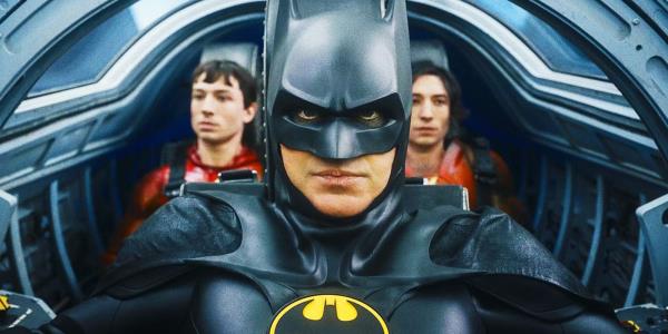 Michael Keaton's Batman with the Ezra Miller's past and current Barry Allens in The Flash