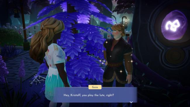 Player character asking Kristoff to join Stitch's band during Making Music in Disney Dreamlight Valley.
