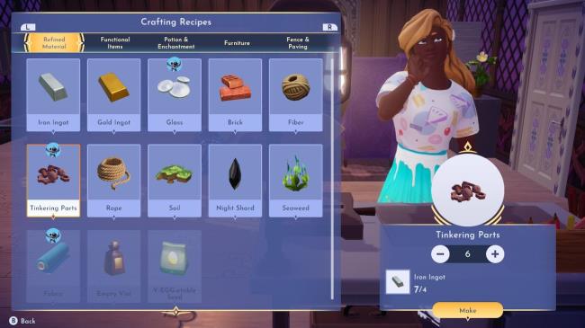 Player character at a crafting bench and crafting Tinkering Parts in Disney Dreamlight Valley.