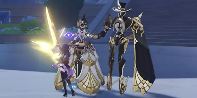 The Raiden Shogun fights Coppelia and Coppelius in Genshin Impact.