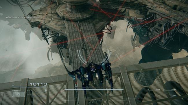 Player looking down at an area with red lasers Armored Core 6