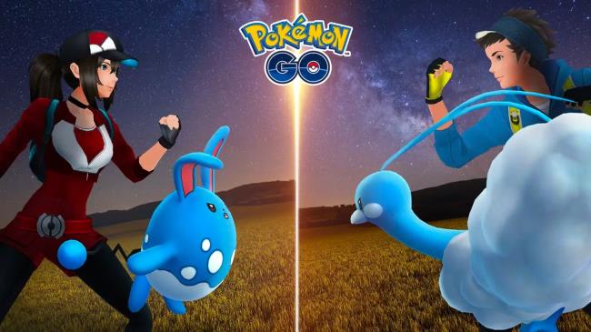 Image of a female Pokemon Go avatar with Azumarill split with a male avatar with Altaria