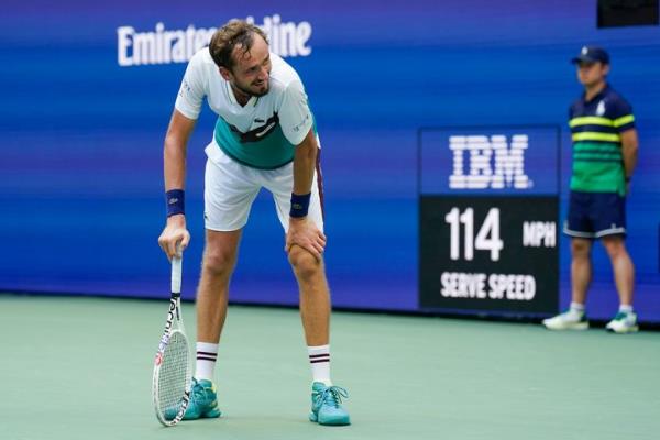 Daniil Medvedev, of Russia, reacts during a match against Andrey Rublev, also of Russia.