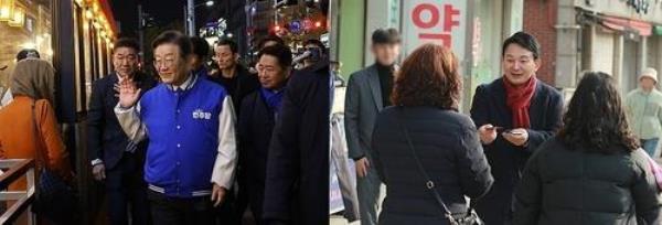This composite photo, shows Democratic Party leader Lee Jae-myung (L) and Won Hee-ryong, former land minister and three-term lawmaker competing against Lee for the parliamentary elections in the Gyeyang-B district of Incheon, west of Seoul. The photos were provided by the offices of Lee and Won, respectively. (PHOTO NOT FOR SALE) (Yonhap)