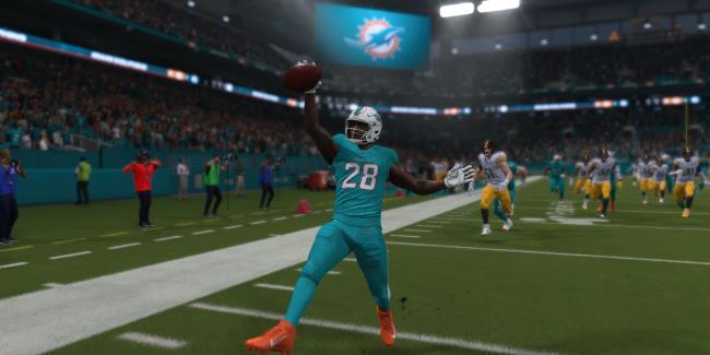 Miami Dolphins celebrating running toward end zone