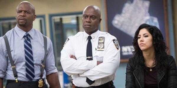 Terry Crews, Andre Braugher, and Stephanie Beatriz in Brooklyn Nine-Nine.