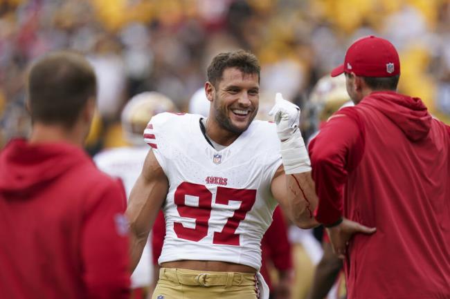 49ers defensive end Nick Bosa warms up before Sunday’s game against the Steelers in Pittsburgh. (Matt Freed / ASSOCIATED PRESS)