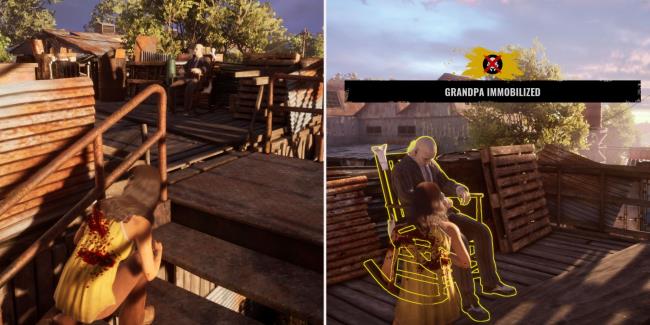 Ana sneaks up on Grandpa, who becomes immobilized after being stabbed.
