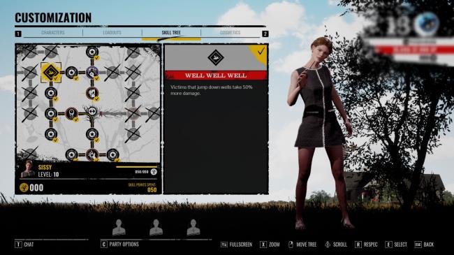 The Customization screen in Texas Chain Saw Massacre shows a skill tree that leads to a diamond-shaped perk for Grandpa.