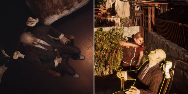 A blood-covered Sissy feeds blood to Grandpa, who is sitting in a rocking chair.