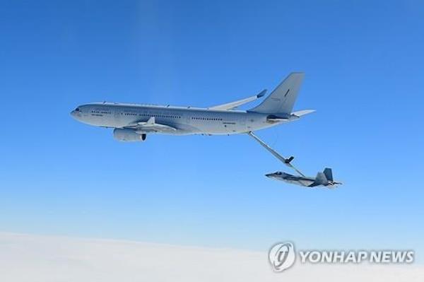 This file photo, provided by the Defense Acquisition Program Administration on March 19, 2024, shows a KF-21 fighter jet under development successfully undergoing air-to-air refueling for the first time over waters off the southern coast. (PHOTO NOT FOR SALE) (Yonhap)