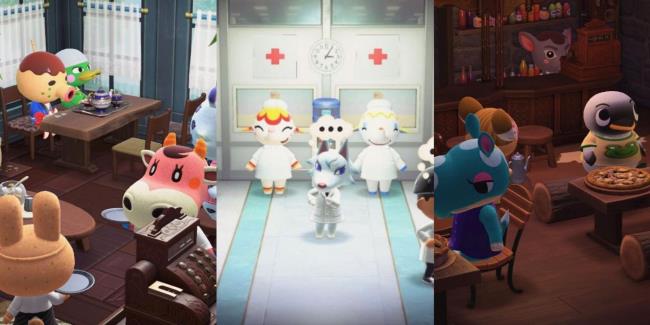 Split image of the ACNH Happy Home Paradise Restaurant, Hospital and Cafe