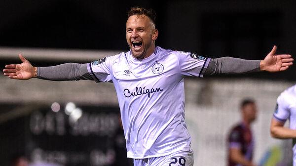 Shelbourne’s Paddy Barrett celebrates scoring his sides fourth goal. Pic Credit ?INPHO/Ciaran Culligan