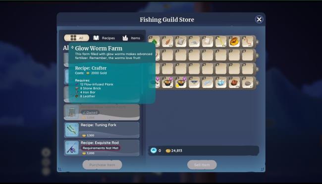 Player character in Einar's Fishing Guild store UI and showing the Glow Farm Recipe in Palia. 